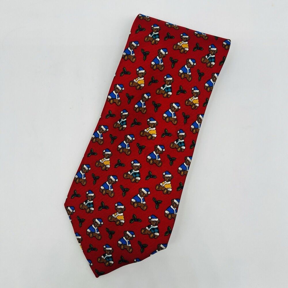 Altea Milano RSM Vintage Silk Holiday Teddy Bear And Holly Long Tie